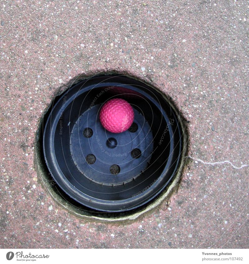 Treffer versenkt! Minigolf Golfball Spielen Sommer Freizeit & Hobby rund Sportveranstaltung Erfolg verlieren Verlierer Quadrat rosa Farbfleck senken Golfplatz