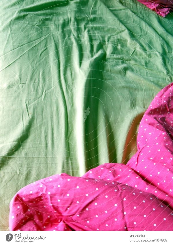 bett Bett schlafen Bettwäsche grün rosa aufwachen leer Bettdecke ruhig Erholung träumen angenehm Raum mehrfarbig Häusliches Leben Morgen Decke schlafzimer bed