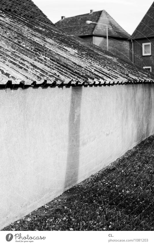 mief Baum Wiese Dorf Menschenleer Haus Architektur Mauer Wand Dach trist stagnierend Schwarzweißfoto Außenaufnahme Tag Licht Schatten
