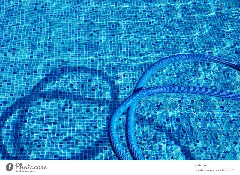 Noch ein POOL Schwimmbad Wasser Reinigen blau Schlauch Im Wasser treiben Riffel Farbfoto Außenaufnahme Reflexion & Spiegelung Wasseroberfläche