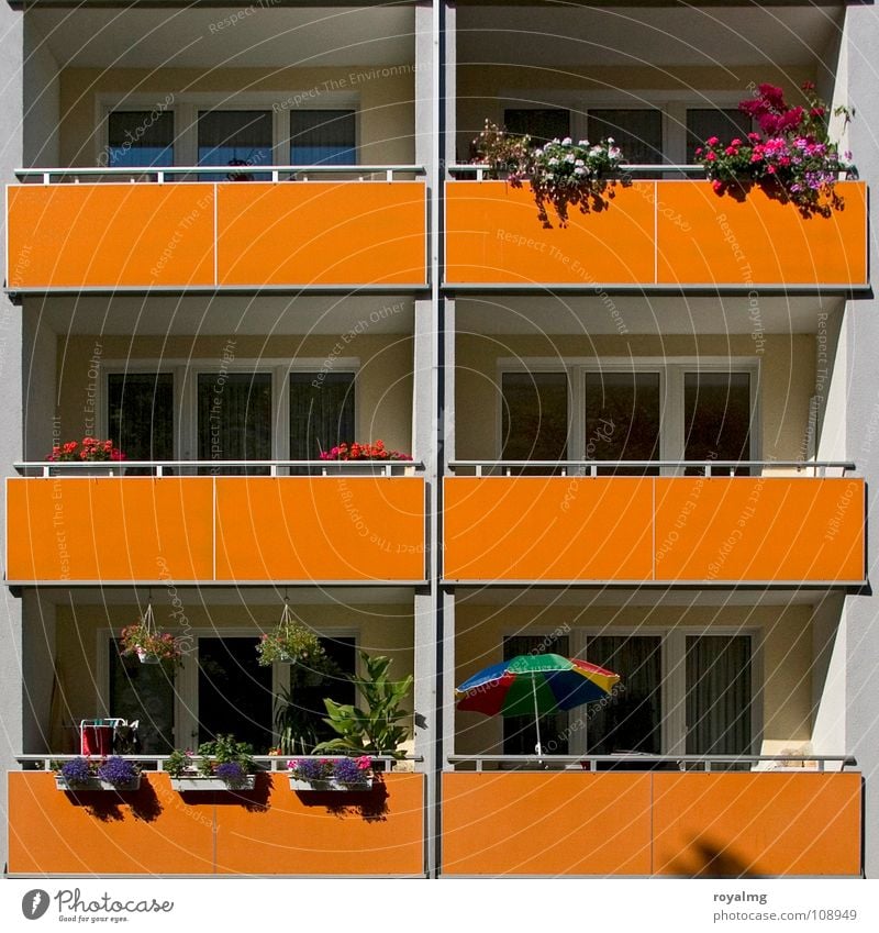 Sommer [07] vorm Balkon Sonnenschirm Blume Blumenkasten Plattenbau Physik Spießer Detailaufnahme Deutschland Balkons Blühend Wärme wärme ohne Heizung