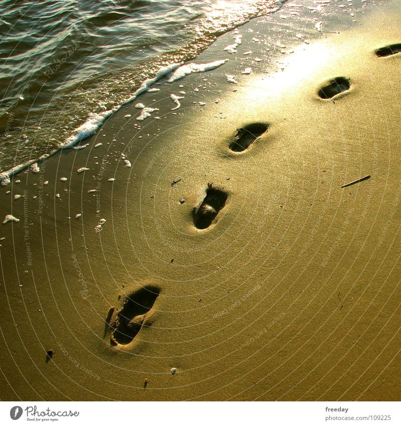 ::: Spuren im Sand ::: Meer Schaum Sommer Sonnenuntergang Brandung Strand Einsamkeit Kur Erfrischung Ferien & Urlaub & Reisen Erholung ruhig Rauschen Wellen