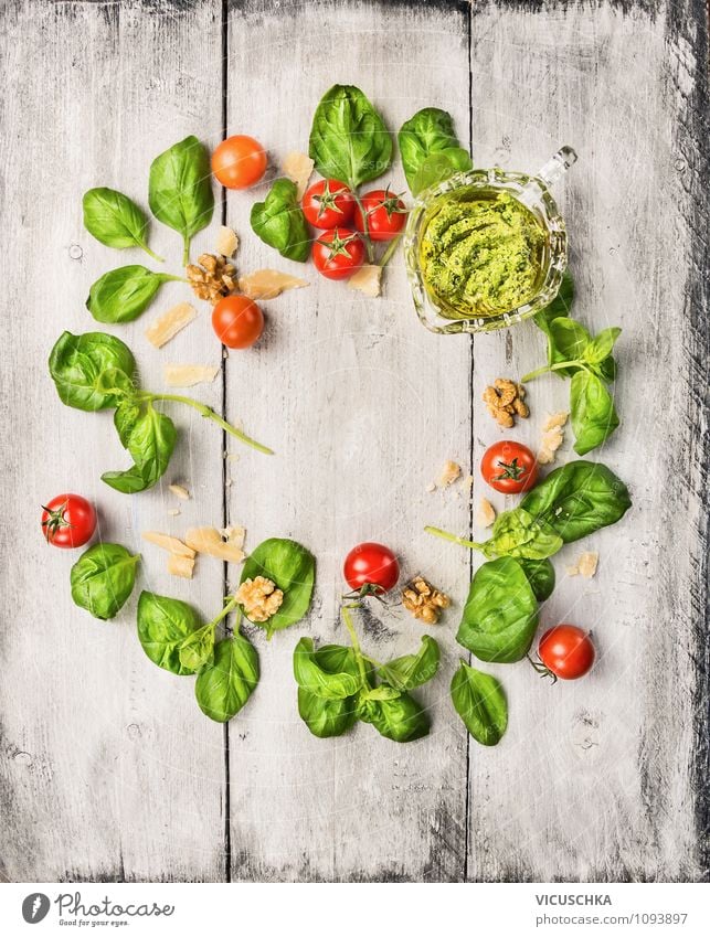 Basilikum Pesto Zutaten Lebensmittel Gemüse Ernährung Mittagessen Bioprodukte Vegetarische Ernährung Diät Italienische Küche Stil Design Gesunde Ernährung Tisch