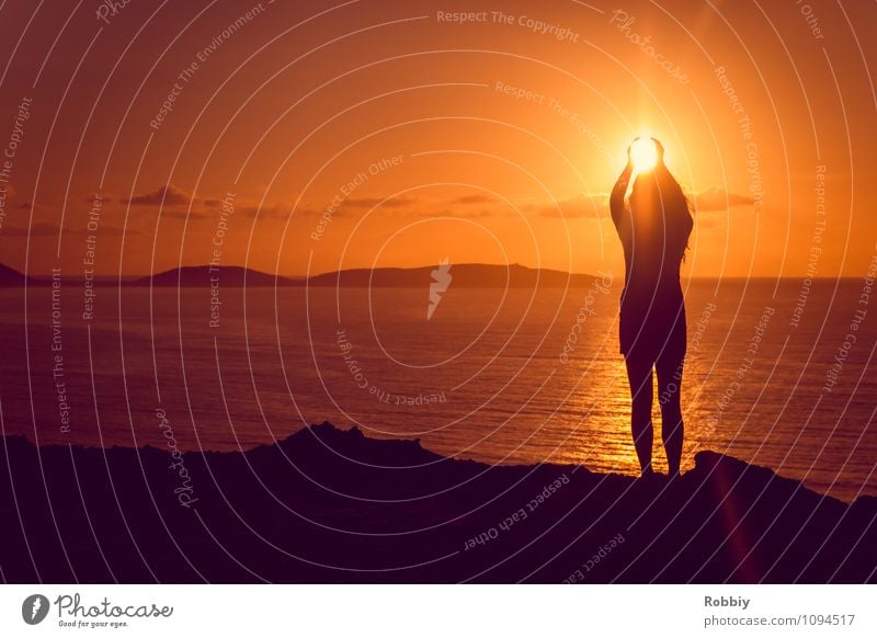 Glühbirne auswechseln Mensch Frau Erwachsene 1 Sonne Sonnenaufgang Sonnenuntergang Sonnenlicht Küste Strand Meer Pazifik Australien festhalten Unendlichkeit