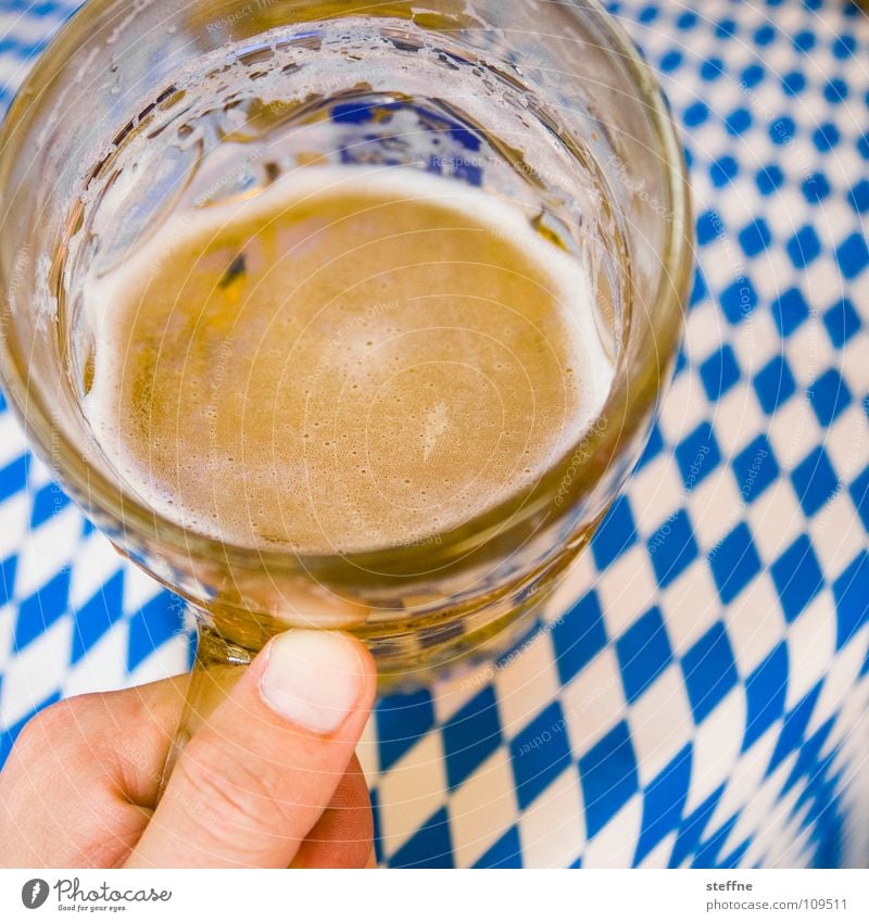Prost! Bier trinken Bayern Oktoberfest weiß gelb Hand Bierglas Daumen Schaum Erfrischung blond München Stimmung Jahrmarkt Weizen umgänglich Biergarten Humpen