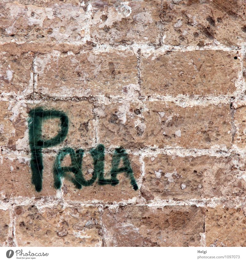 ...war wohl auch da... ;-) Bauwerk Gebäude Mauer Wand Backstein Schriftzeichen alt außergewöhnlich eckig einfach einzigartig feminin braun grau grün Design