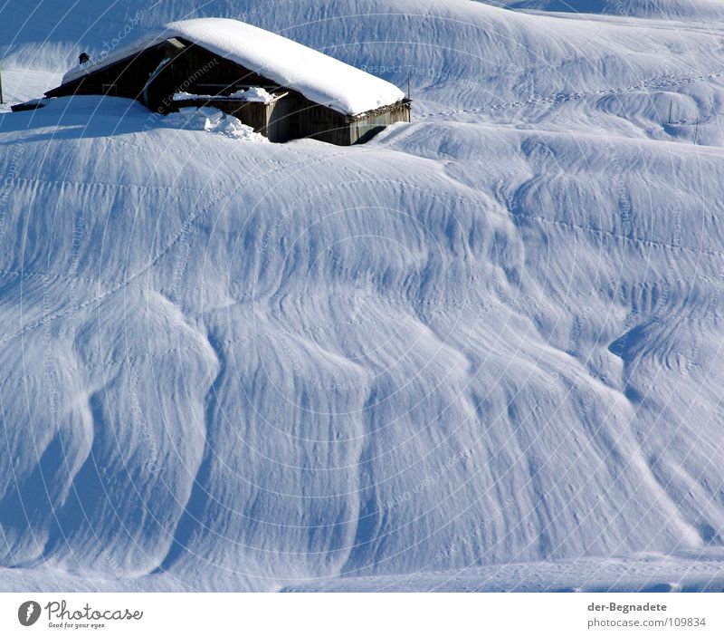 Eingeschneit Winter Februar kalt Neuschnee Winterurlaub Schneewandern Kanton Graubünden Schweiz weiß Schneewehe Holzhütte Berghütte Dach braun Schönes Wetter