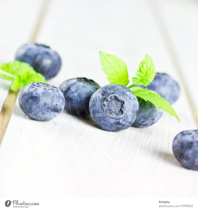 Blaubeeren Beeren Frucht waldbeeren Gesunde Ernährung Vitamin nah Nahaufnahme Makroaufnahme Bioprodukte Dessert frisch Waldfrucht Obstgarten Melisse