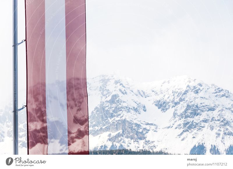 spießig | Patriotismus Himmel schlechtes Wetter Berge u. Gebirge Fahne rot rot-weiß-rot Österreich Fahnenmast Farbfoto Gedeckte Farben