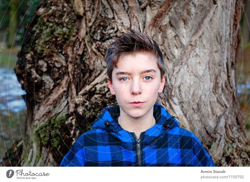 portrait of a young teenage boy with blue jacket Lifestyle schön Winter Mensch maskulin Junger Mann Jugendliche 1 13-18 Jahre Kind Natur Baum Park brünett