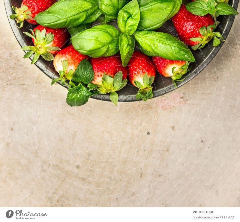Erdbeeren und Basilikum in Teller Lebensmittel Frucht Dessert Kräuter & Gewürze Ernährung Frühstück Bioprodukte Vegetarische Ernährung Diät Stil Design