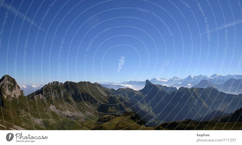 in die Ferne schweifen Berner Oberland Schweiz Gipfel Panorama (Aussicht) Sehnsucht grün wandern Berge u. Gebirge Alpen Gantrisch Stockhorn blau Felsen Tal