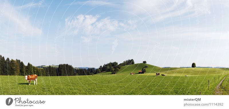 Bayerische Weite. Umwelt Natur Landschaft ästhetisch Bayern Idylle friedlich Berge u. Gebirge Hügel Alm Kuh Milchkuh Blauer Himmel Wiese grün Deutschland