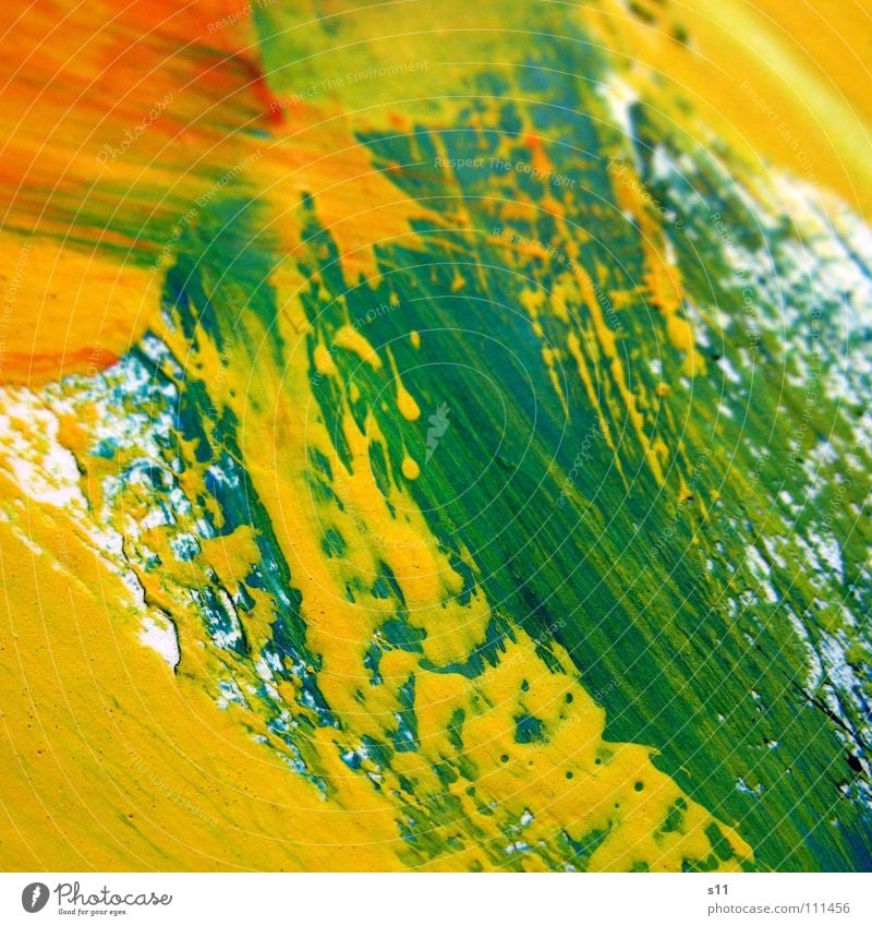 Farbspuren Pinselstrich Gemälde Kunst mehrfarbig Ton-in-Ton gelb grün rot weiß Hintergrundbild Farbe Kunsthandwerk Kraft streichen Kreativität orange mischen