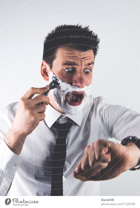 Verschlafen - Zeitdruck Business Karriere Sitzung Mensch maskulin Junger Mann Jugendliche Erwachsene Leben Kopf Hemd Krawatte Bart rennen Blick authentisch