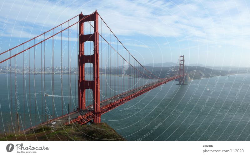 Golden Gate Panorama Farbfoto Außenaufnahme Tag Panorama (Aussicht) Brücke Sehenswürdigkeit Wahrzeichen Verkehr Straßenverkehr modern Golden Gate Bridge