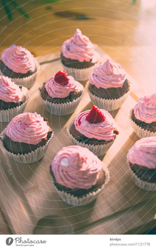 Himbeer - Cupcakes Teigwaren Backwaren Kuchen Dessert Süßwaren Himbeeren Tablett Holz ästhetisch Duft lecker positiv süß gelb rosa genießen Leidenschaft Sahne