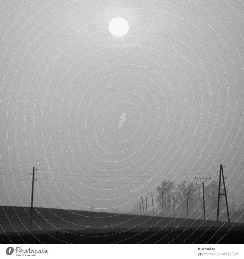 Untergang im Nebel dunkel Feld Einsamkeit grau norddeutsch Mecklenburg-Vorpommern Heimat Elektrizität Feldarbeit gruselig Angst Panik Schwarzweißfoto Winter