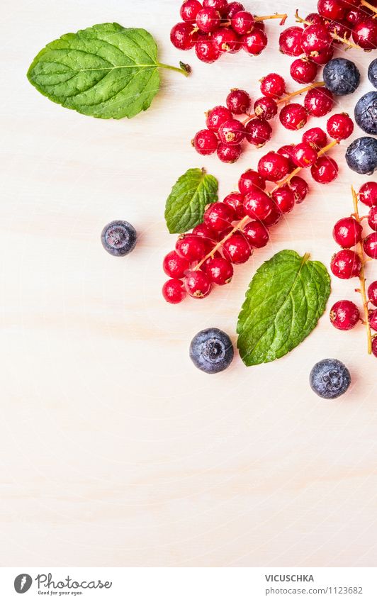 Rote Johannisbeeren mit Heidelbeeren und Minze Lebensmittel Frucht Dessert Ernährung Frühstück Stil Design Gesunde Ernährung Sommer Garten Tisch Küche Natur