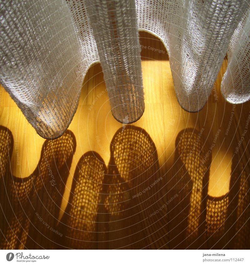 Bei Oma Vorhang Licht Schattenspiel weiß Holz Holzfußboden Parkett Sonnenlicht Lichteinfall Sonnenstrahlen Wohnzimmer Fenster Faltenwurf Gegenteil