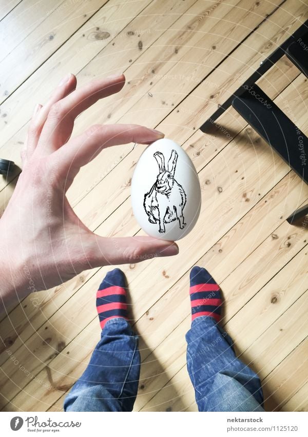 Kaninchenzeichnung auf weißem Ei Frühstück Design Glück Dekoration & Verzierung Feste & Feiern Ostern Hand Fuß Holz frei lustig Hintergrund Zeichnung