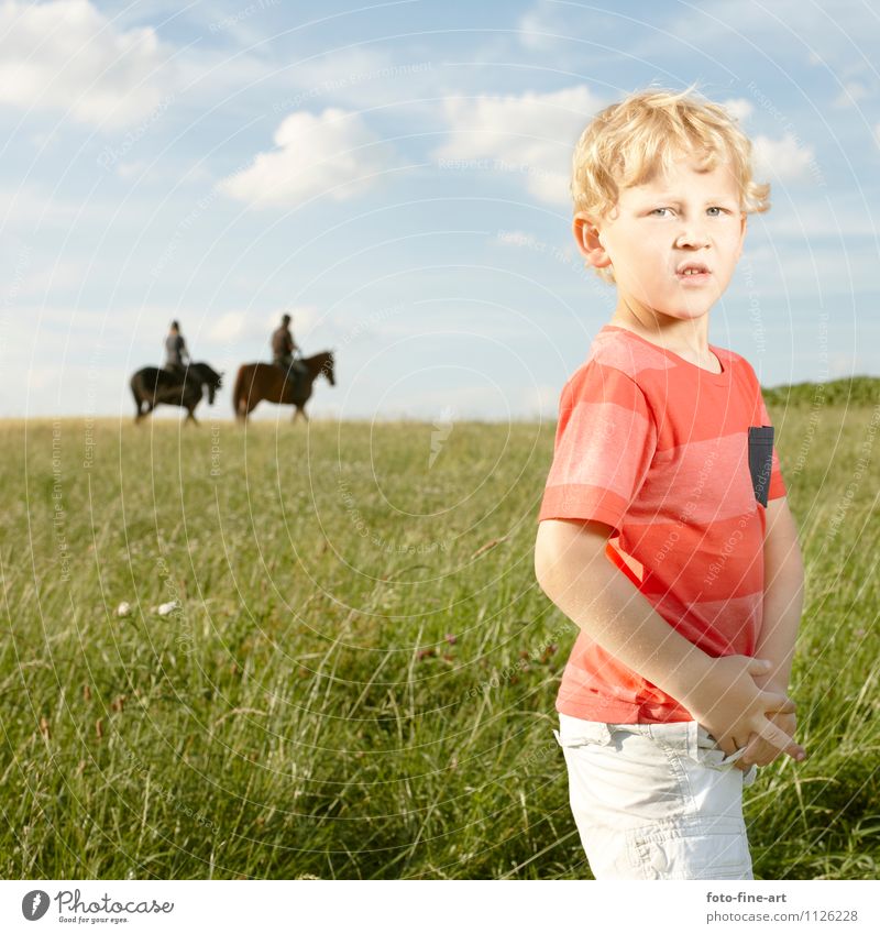 Junge maskulin Kind Kindheit 1 Mensch 3-8 Jahre Landschaft Himmel Wolken Sommer Gras blond Locken Pferd 2 Tier Abenteuer Reiter Feld Farbfoto Außenaufnahme Tag