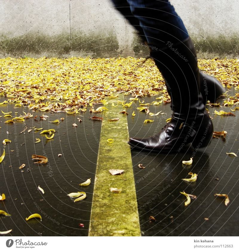 signalfarbe_01 Frau Erwachsene Fuß Wasser Herbst Regen Blatt Parkhaus Wege & Pfade Jeanshose Leder Stiefel Beton Schilder & Markierungen springen nass gelb grau