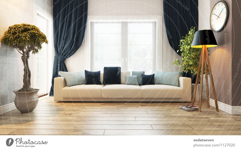 Wohnzimmer Design elegant Stil schön Erholung Wohnung Haus Möbel Sofa Kunst Pflanze Architektur Tür Beton beobachten stehen modern grau grün bequem Wand