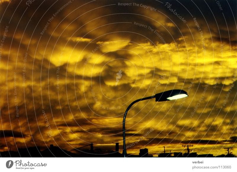Abenddämmerung Wolken Sonnenuntergang Straßenbeleuchtung unheimlich außerirdisch bedrohlich Schwefel Australien Dämmerung Himmel gelbes licht