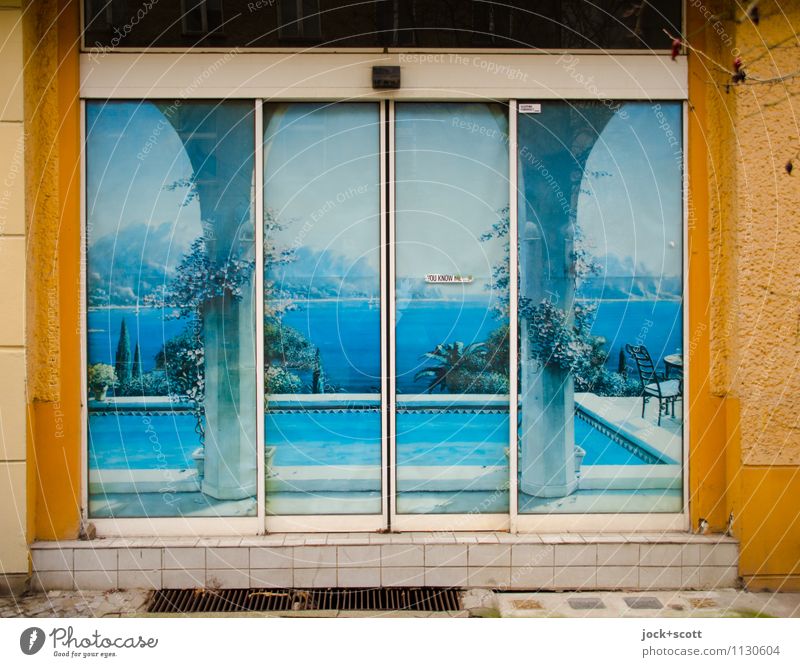 Schiebe deinen Traum vom Reisen exotisch Ferien & Urlaub & Reisen Fototapete Straßenkunst Meer Südeuropa Ladenfront Schiebetür Schwimmbad einzigartig blau