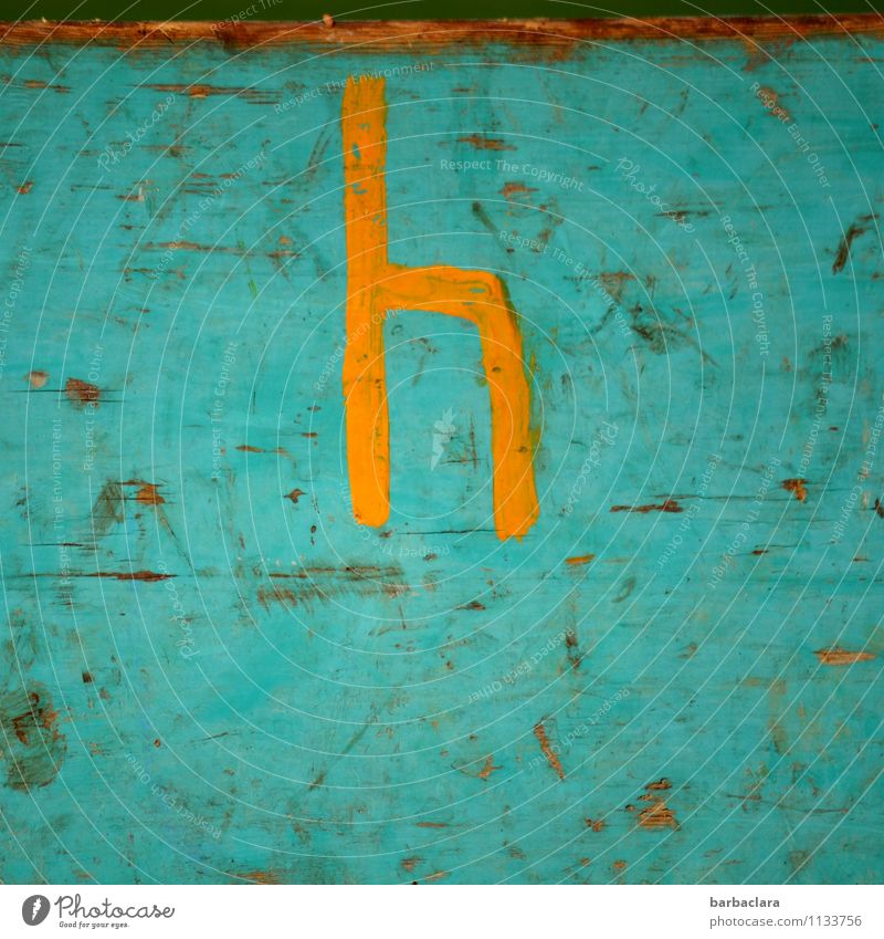 heute Landwirtschaft Forstwirtschaft Anhänger Holz Zeichen Schriftzeichen alt orange türkis ästhetisch Farbe Kunst Vergänglichkeit Farbfoto Außenaufnahme