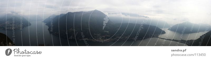 San Salvatore Kanton Tessin Schweiz See Panorama (Aussicht) Italien Lugano dunkel Nebel Berge u. Gebirge Alpen Wasser Himmel Detailaufnahme hoch