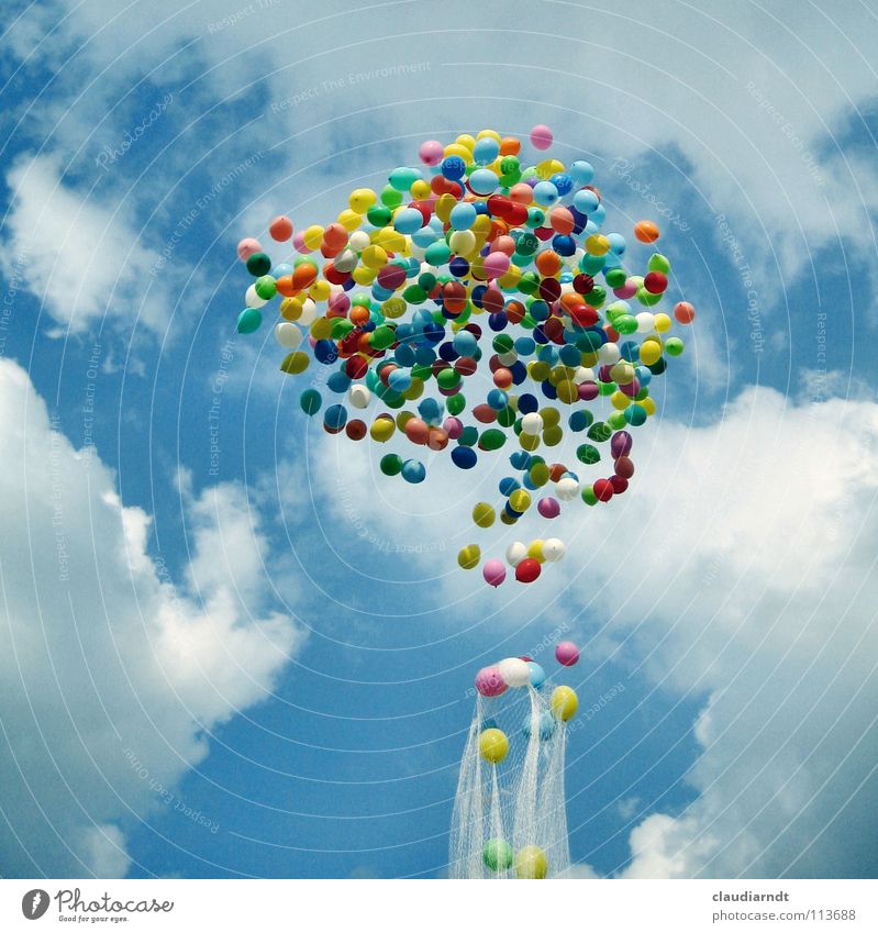 Gummiwolke Freiheit Feste & Feiern Himmel Wolken Luftballon Netz fliegen Beginn Farbe Leichtigkeit Schweben aufsteigen loslassen freilassen Abheben Jubiläum