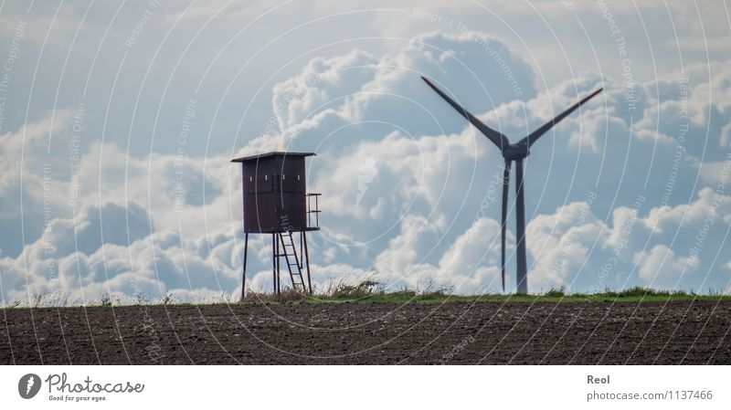 Wolkenberge Energiewirtschaft Erneuerbare Energie Windkraftanlage Umwelt Natur Landschaft Erde Luft Himmel Schönes Wetter Gras Feld Hochsitz blau