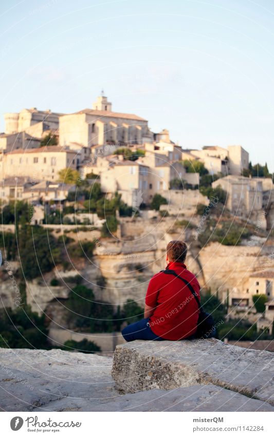 Red Dot. Kunst ästhetisch Farbfleck Frankreich Provence Gordes Mann wandern Tourist Abenteurer Pionier Aussicht Sehenswürdigkeit Fernweh Pause sitzen rot