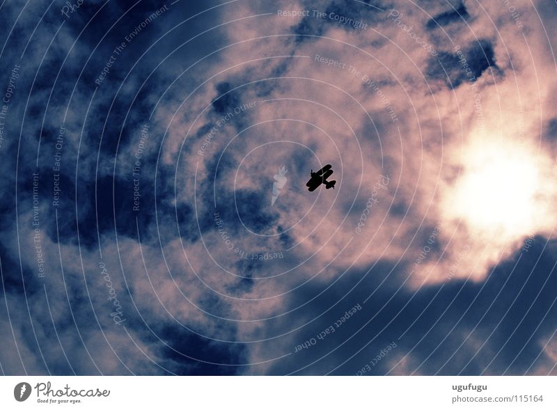 Biplane Abdeckung Himmel Luftverkehr biplane stunt plane sun clouds Silhouette sky up shadow