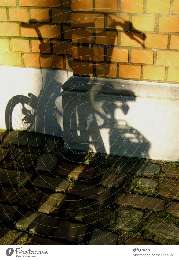 schattendasein eines drahtesels Fahrrad Schatten Licht Mauer Backstein fahren Schattendasein Sonnenbad Spielen Freizeit & Hobby Verkehr werfen Stein