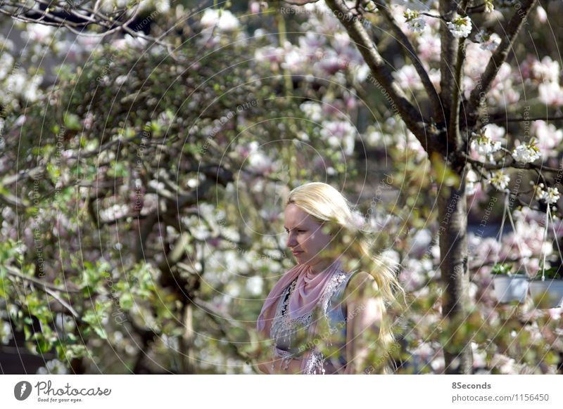 im garten harmonisch Erholung Duft Sonne Frühling Garten feminin Frau Erwachsene 1 Mensch 18-30 Jahre Jugendliche Blühend genießen träumen blond Glück hell