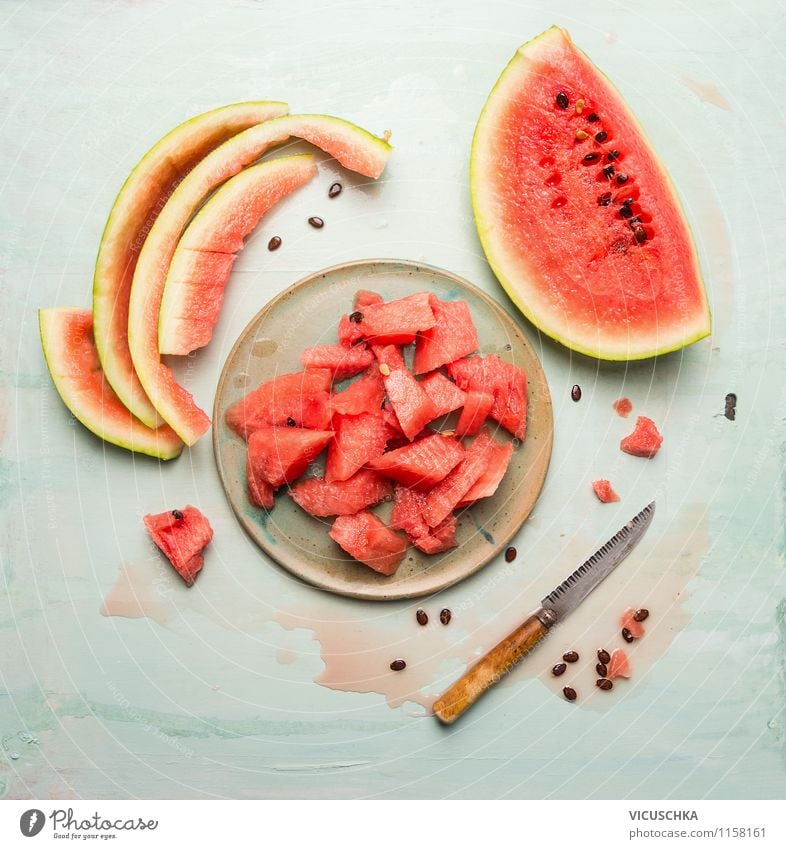Sommergeschmack - Wassermelone Lebensmittel Frucht Dessert Ernährung Bioprodukte Vegetarische Ernährung Diät Saft Geschirr Teller Messer Appetit & Hunger Durst