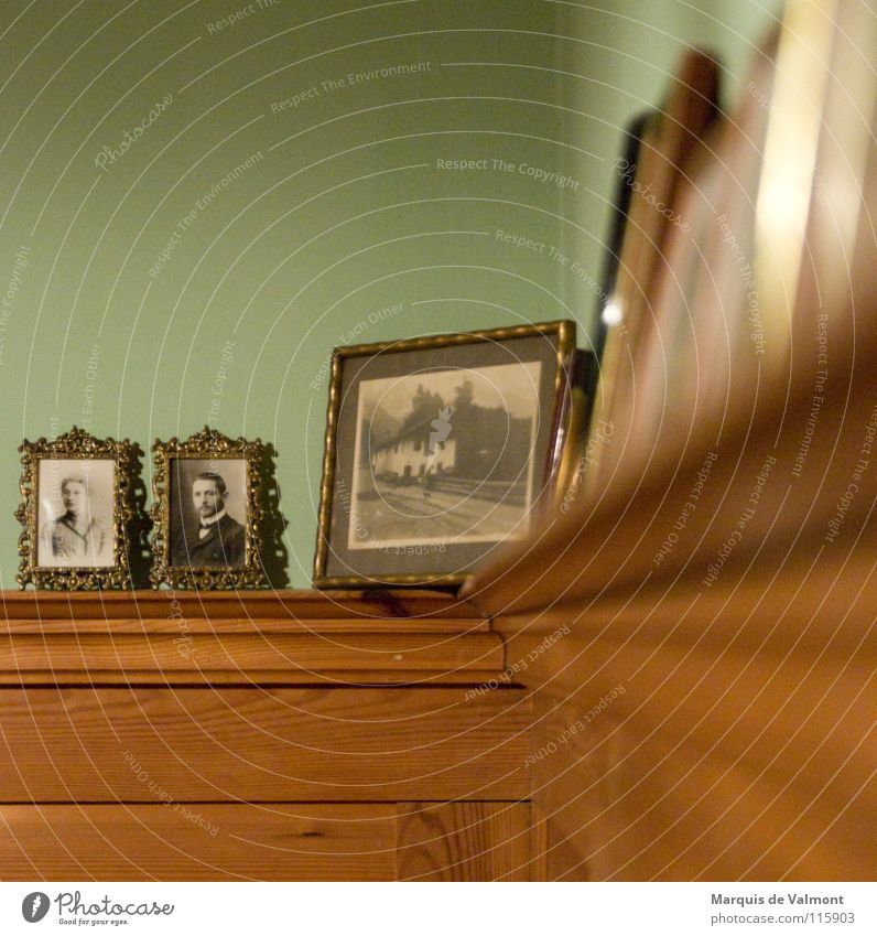 Ahnengalerie Holz alt historisch Fotografie Bilderrahmen Vorfahren Sims Wandtäfelung Holzvertäfelung Erinnerung aufgereiht Rahmen Farbfoto Unschärfe