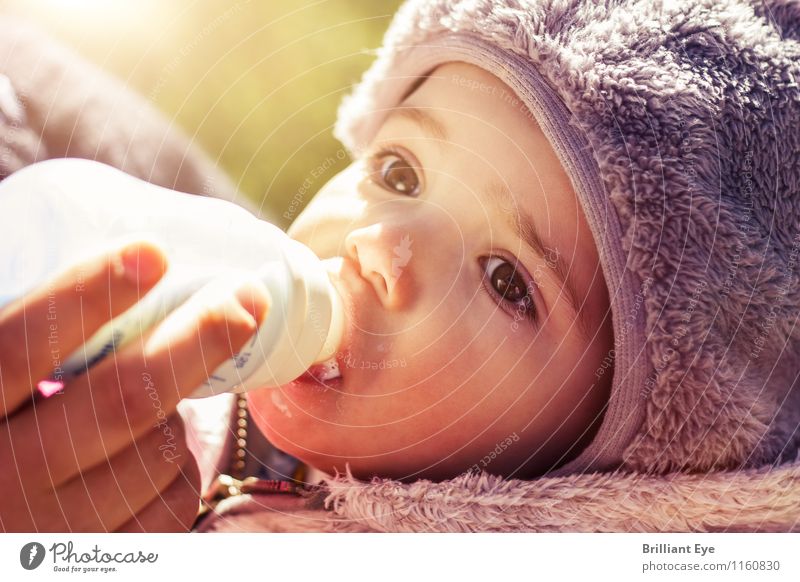 Babyflasche trinken in den ersten Frühlingsstrahlen Milch Lifestyle maskulin Gesicht 0-12 Monate Sonne Sonnenlicht Wetter Schönes Wetter Essen füttern frisch