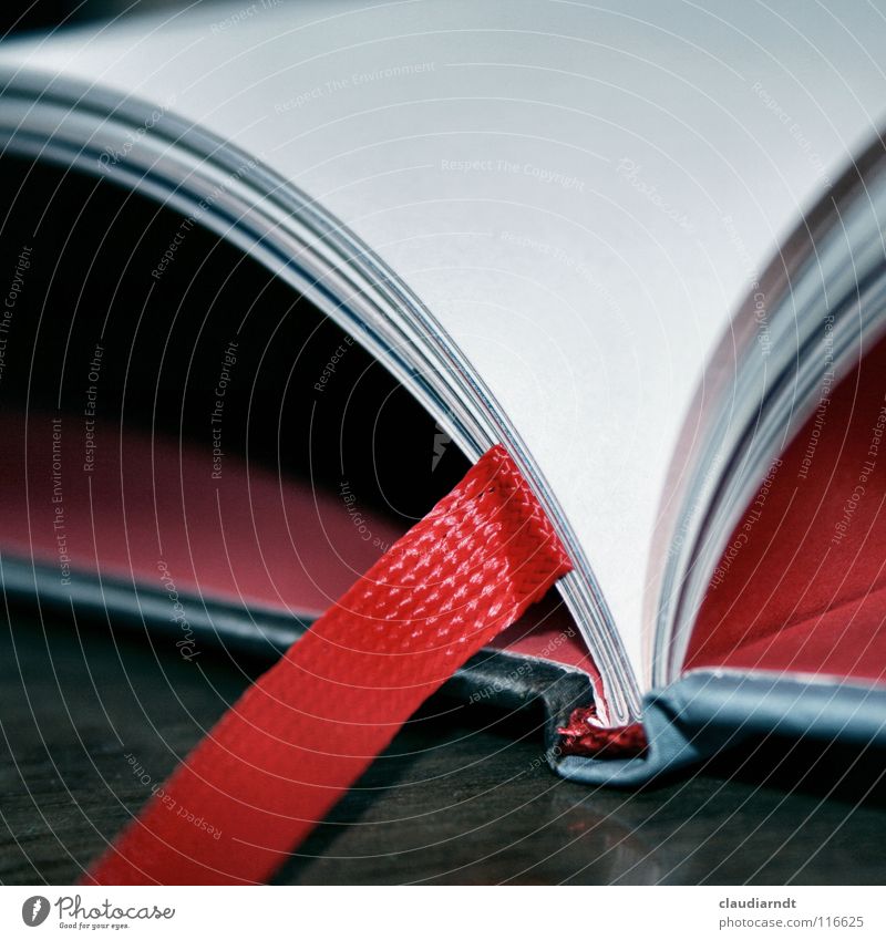 Roter Faden Buch lesen Literatur gebunden aufgeschlagen Sammlung Roman Märchen drucken Buchdruck Bucheinband Papier Lesezeichen Leitfaden leer rot Seite