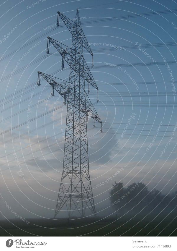 schlafender Riese Strommast groß Stahl Nebel Wolken zart leicht Baum Wäldchen deplatziert Macht Außenaufnahme Industrie verschlfen Himmel blau Kabel gigantisch