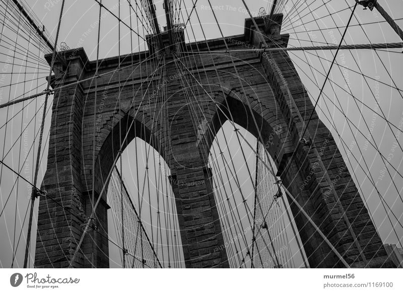 Brooklyn Bridge Stadt Hauptstadt Brücke Bauwerk Architektur einzigartig schwarz Erfolg Kraft Vertrauen Schwarzweißfoto Außenaufnahme Detailaufnahme Tag