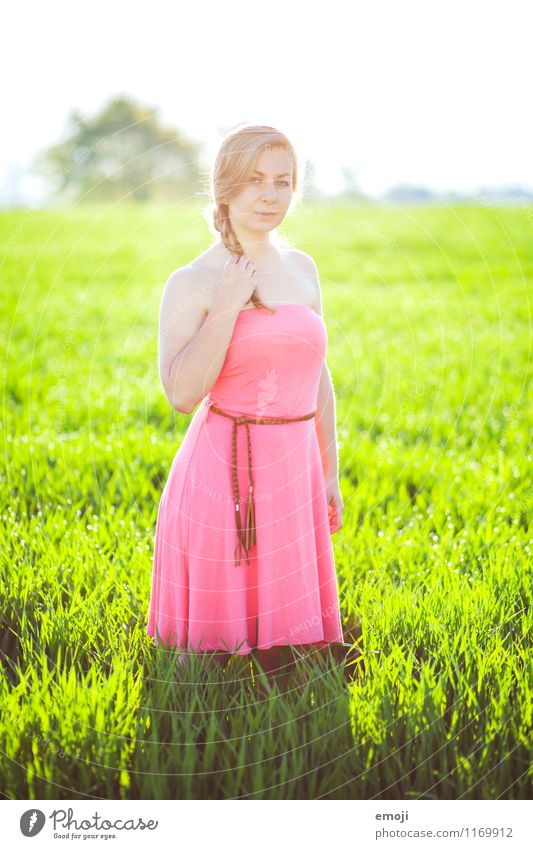 pink feminin Junge Frau Jugendliche 1 Mensch 18-30 Jahre Erwachsene Umwelt Natur Sommer Schönes Wetter Wiese Kleid schön natürlich grün rosa Farbfoto