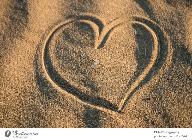 Sandherz Sommer Strand Wüste Oase Sympathie Liebe Herz herzlich liebevoll Düne Sandstrand Abenddämmerung Gold Zeichen Farbfoto Nahaufnahme Dämmerung Schatten