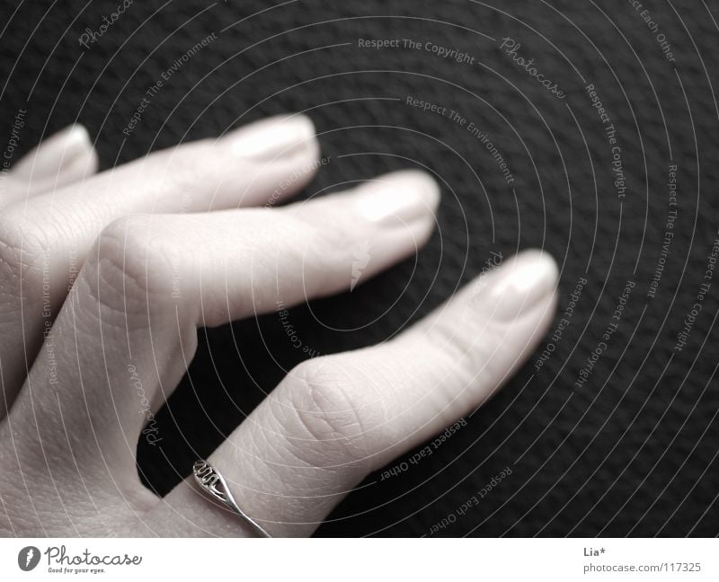 Hand auf Leder Finger Fingernagel schwarz weiß Schmuck Griff Gefühle Sinnesorgane zart sensibel Schwarzweißfoto Kreis fangen festhalten berühren Kontrast