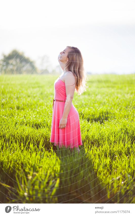 pink feminin Junge Frau Jugendliche 1 Mensch 18-30 Jahre Erwachsene Natur Sommer Schönes Wetter Wiese Kleid blond schön natürlich grün rosa Farbfoto mehrfarbig