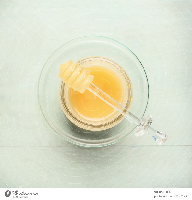 Honig Lebensmittel Dessert Süßwaren Ernährung Frühstück Bioprodukte Vegetarische Ernährung Diät Glas Löffel Stil Design Alternativmedizin Gesunde Ernährung