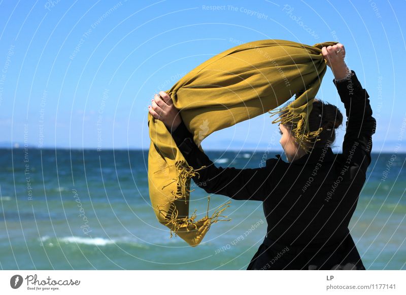 Senf Schal feminin Rücken 1 Mensch beobachten entdecken festhalten genießen Blick Ferne hell schön einzigartig maritim blau gold schwarz Freude Kraft Macht Mut